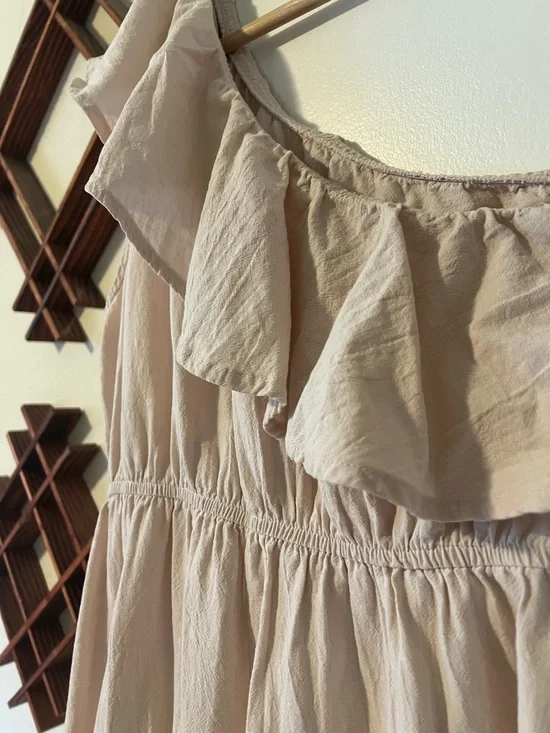 100% Cotton Women’s One-Shoulder Ruffle Midi Dress in Beige - Picture 2 of 2